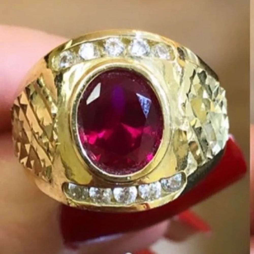 Large 17mm 14K Solid men’s Birth stone Ruby January CZ Ring